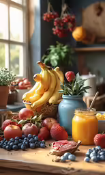 a large wooden table topped with lots of fruit