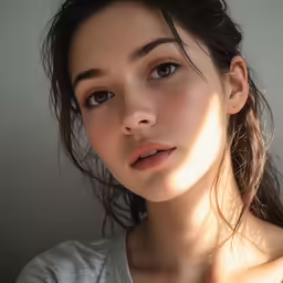 a woman looking directly into the camera while wearing an earring