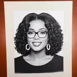 a woman wearing glasses is in a brown frame