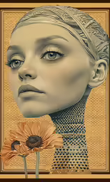 a painting of a woman with an orange flower