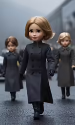 a doll walking down a wet road holding an umbrella