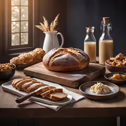 a loaf of bread sits on a table with other bread and pastries