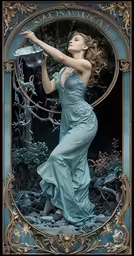 a beautiful woman in a blue dress with a hat