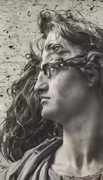 a woman with long hair and glasses stares at something