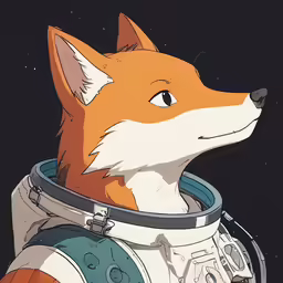 a fox in a spacesuit looking straight ahead