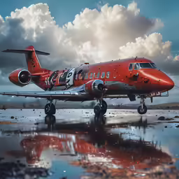 a red airplane with white lettering on it