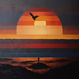 an eagle is flying over a mountain with the sun setting