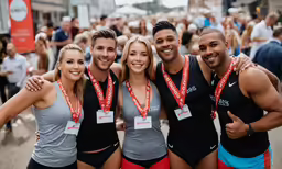 five runners in front of a large crowd with medals around their necks