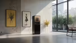 modern room with artwork and large window