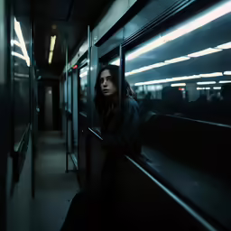 a woman standing on a subway train looking out the window
