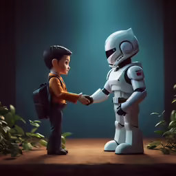 a robot shaking hands with a boy near a plant