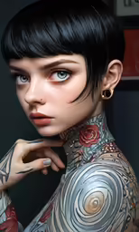 a close up of a woman with her hair styled up