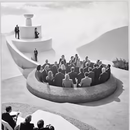 an old photo of people in suits and ties sitting down to discuss a question