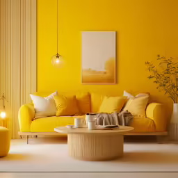 yellow and white living room decor, with a coffee table