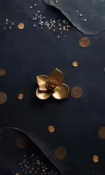 a flower on a surface with gold polka dots