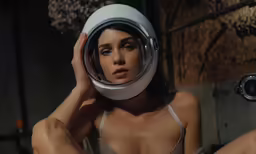 a woman with her face through a helmet