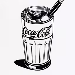 a drawing of a soda in a glass that has a bottle in it and a glass with a beverage on top,a drawing of a glass of coca cola with peanuts in it