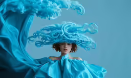 woman dressed as blue dress and hair spinning with the wind
