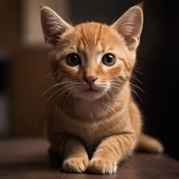 a small orange cat sitting on top of a wooden table