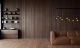 modern brown living room with wooden walls and shelves