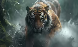 a tiger walking through some jungle like vegetation