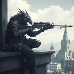 a predator hunter with a rifle on top of a building