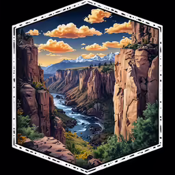 a scenic view from a canyon overlook with river and mountain peaks