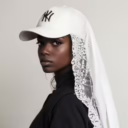 a woman wearing a new york yankees cap and veil