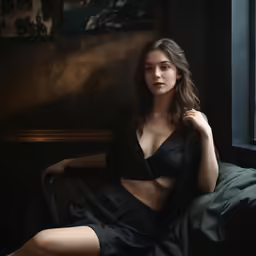 woman in black bra - top and skirt posing at a window