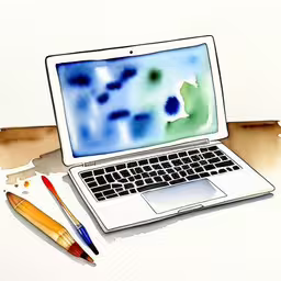 a watercolor drawing of an open laptop computer,a painting of an apple laptop computer with a pen and pencil