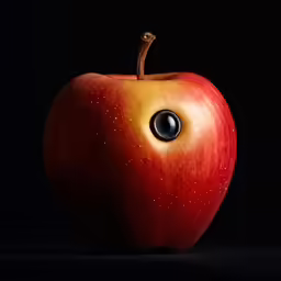 an apple with a large eyeball with its bottom half facing toward the camera
