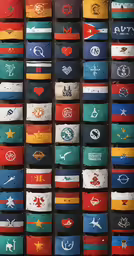 colorful flags are hung on the wall in a display