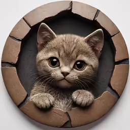 a kitten is shown through a brick hole