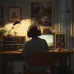 a man at his computer in a room with pictures on the wall