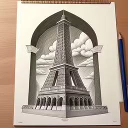 the painting is titled the eiffel tower in black and white