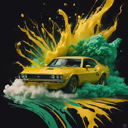 a car with yellow paint and yellow green smoke on its back