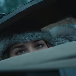 a woman wearing a fur coat looking out a window