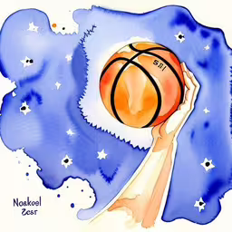 a basketball going up into the sky, with stars in the background,a basketball that is holding in a hand,someone holds a basketball on their left hand,an illustrated illustration of a person