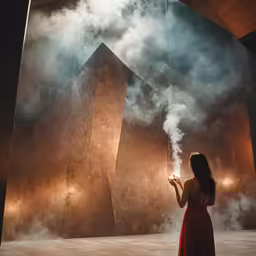 the woman in the red dress is blowing smoke