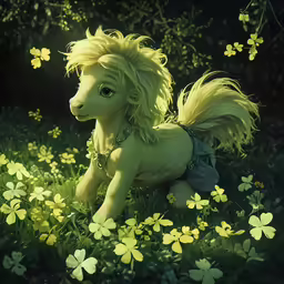 a toy horse on some grass and flowers