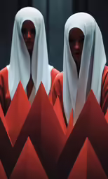 two women with long, white heads standing in a room with red lines