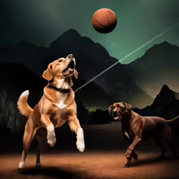 two dogs are playing with a basketball in a dark area