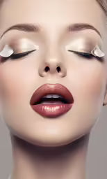 a woman with red lipstick and bright make - up