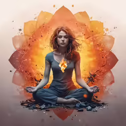 woman in yoga pose surrounded by fire and ice with water droplets