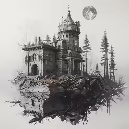 an artistic painting of an abandoned castle with trees