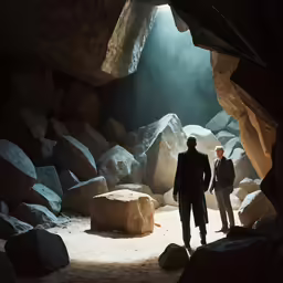 a couple of men standing in a cave