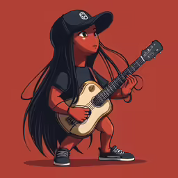 an illustration of a girl with long hair and hat playing the guitar