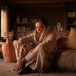a woman in bathrobe is relaxing on the floor