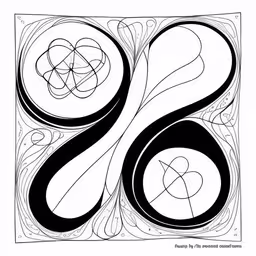 an abstract ink painting that has circles with small shapes,an illustration of three lines with two circles in the middle