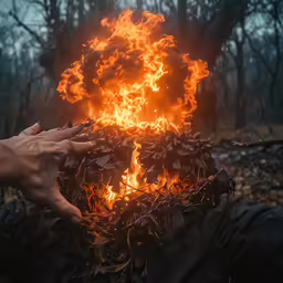 a large fire burning in a forest surrounded by trees